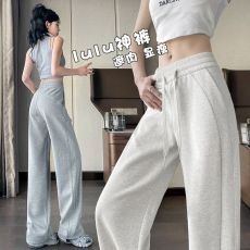 批发灰色运动裤女春秋冬2026新款宽松阔腿加绒神裤高腰显瘦休闲卫<b class='q'>裤子</b>