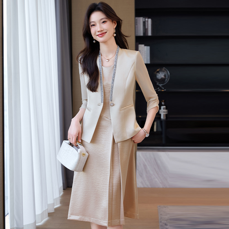 FA31014# 时尚简约七分袖黑色西装女春夏季时尚韩版气质西装连衣裙套装 服裝批發女裝批發服飾貨源