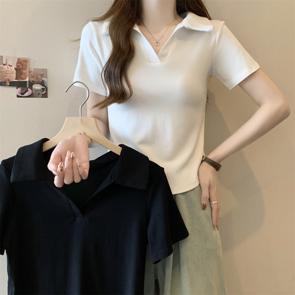 PF30212#纯棉92棉/8氨纶夏装polo领短袖T恤女女裝貨源服裝批發