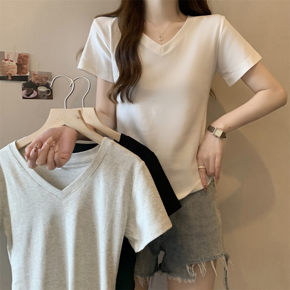 PF30211#纯棉92棉/8氨纶2025夏 V领短袖t恤女女裝貨源服裝批發