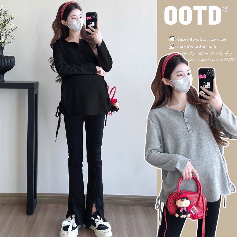 실사 새로운 출산 착용 패션 디자인 센스 펌프 로프 긴팔 맨위 미니멀리즘 다용도 티셔츠 봄 가을 만나는