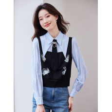 批发设计感小众法式拼接上衣女2025春季新款洋气假两件气质衬衫