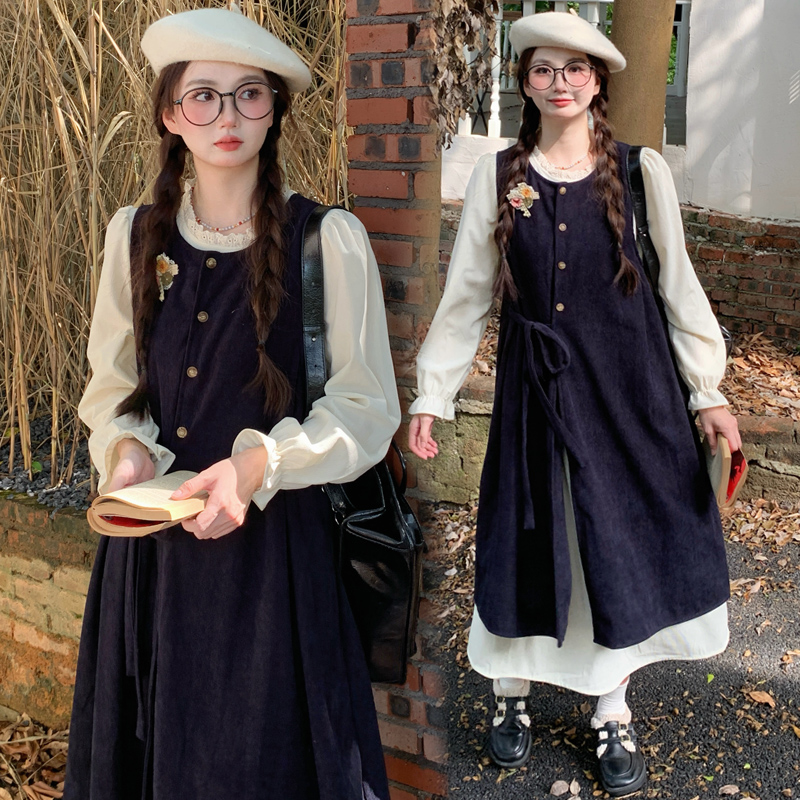 실사 한 부서 스택 착용 조끼 원피스 임산부 가을 새로운 디자인 센스 레이스업 루즈핏 슬림해 보이는 A라인 스커트