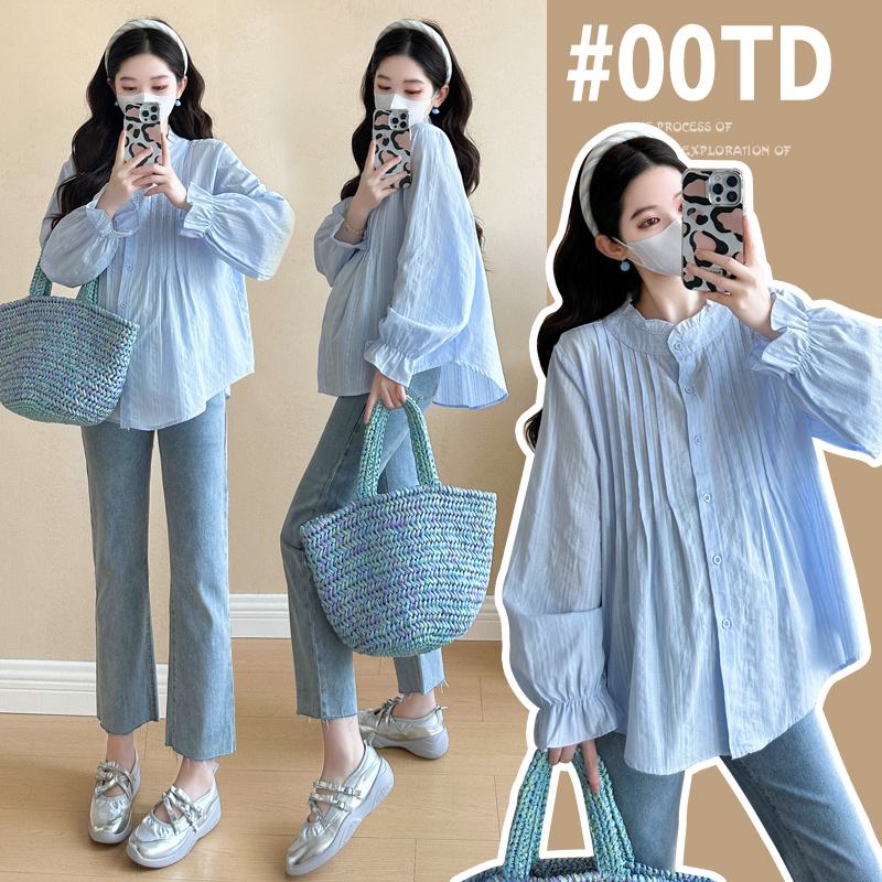 실사 2026 봄 새로운 임산부 한국 스타일 프랑스식 부드러운 스탠드 칼라 인형 셔츠 맨위