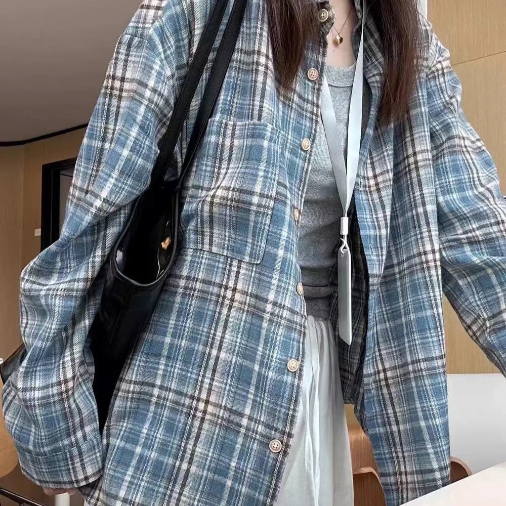 원본 등 허리 스티칭 블루 래티스 긴 소매 여성 셔츠 봄 새로운 느슨한 맨위 외투 셔츠