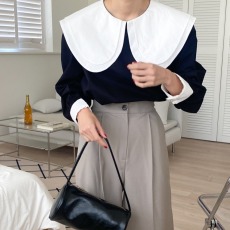 批发chic 秋季新款法式百搭拼色娃娃领小众袖口<b class='q'>蕾丝</b>套头衬衫上衣