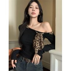 批发1*1 260克人棉莫代尔斜领露肩长袖小众豹纹系带修身打底衫