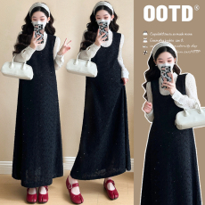 批发实拍2026早春新款孕妇版气质亮片背带裙＋植绒波点雪纺打底衫套装