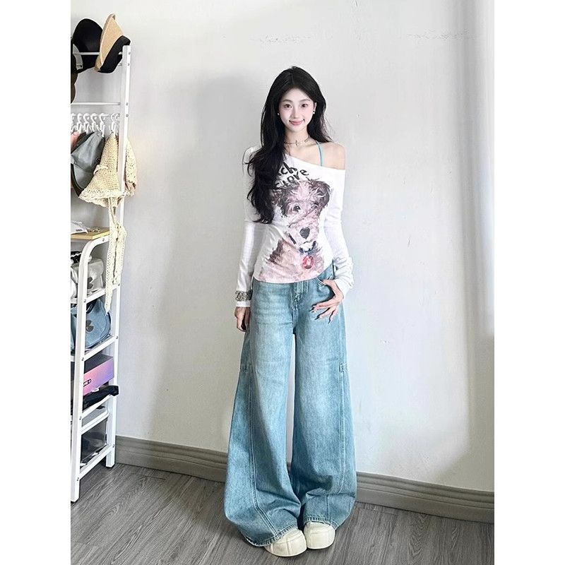 2 2 260 그램 사람들 면 모달 아메리칸 오프숄더 비스듬한 어깨 긴팔 몸매 가꾸기 쇼트 스타일 개 프린트 맨위
