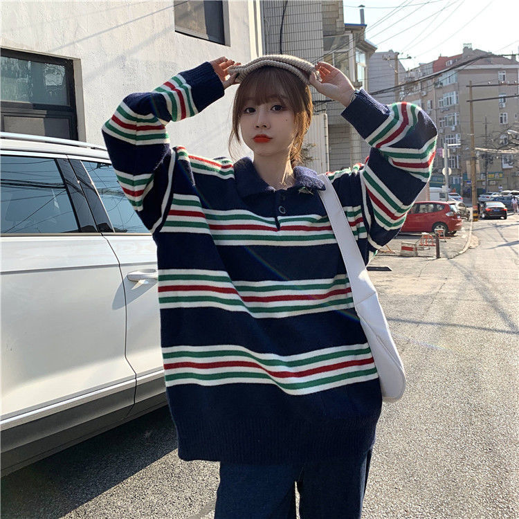 느긋한 바람 POLO 칼라 패치워크 색상 스트라이프 스웨터 가을 겨울 새로운 여자 학생 한국 스타일 루즈핏 풀오버 니트 스웨터 재킷
