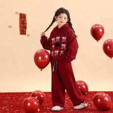 批发<b class='q'>女童</b>过年<b class='q'>套</b>装加绒卫衣两件套红色女孩本命年衣服女大童新年拜年服