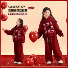 批发<b class='q'>女童</b>过年<b class='q'>套</b>装加绒卫衣两件套红色女孩本命年衣服女大童新年拜年服