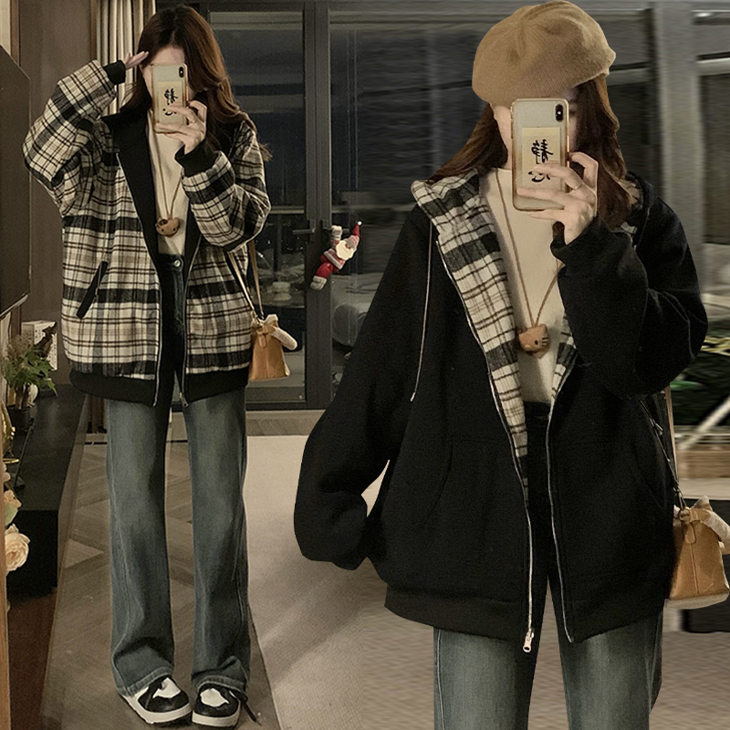 실제 촬영 양면 착용 외투 십대 소녀 봄과 가을 옷 2025 새로운 중학교 고등학생 여가 래티스 느슨한