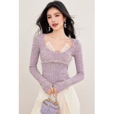 批发实拍◆紫色假两件挂脖针织衫女不规则小个子打底衫长袖上衣