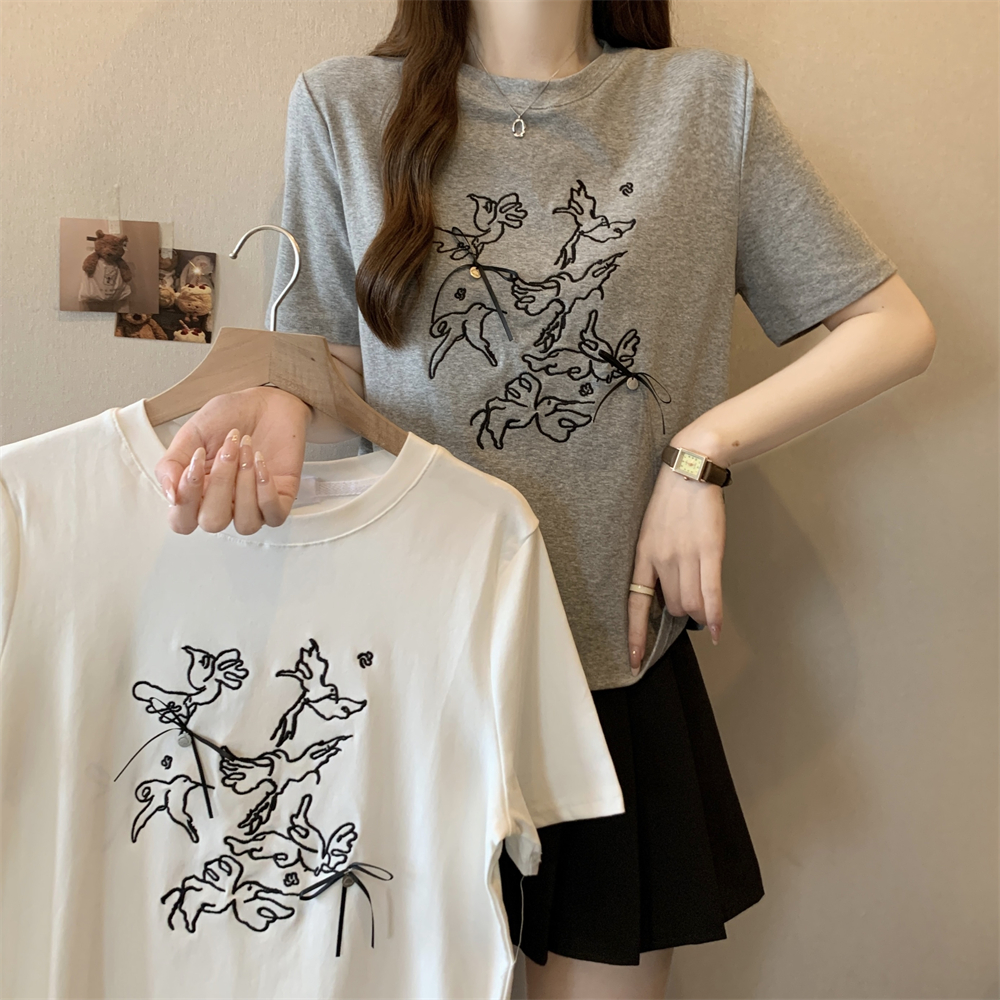 PF30207#纯棉92棉/8氨纶短袖T恤女刺绣立体装饰女裝貨源服裝批發