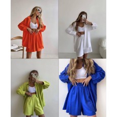 批发2024跨境大码新款女装棉麻衬衫<b class='q'>套装</b>女纯色长袖休闲气质两件套女