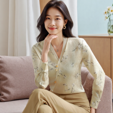 批发实拍2026春季新款女长袖V领印花提花缎面衬衫时尚直筒显瘦上衣