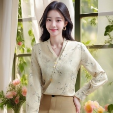 批发AI氛围实拍2026春季新款女长袖V领印花提花缎面衬衫时尚直筒