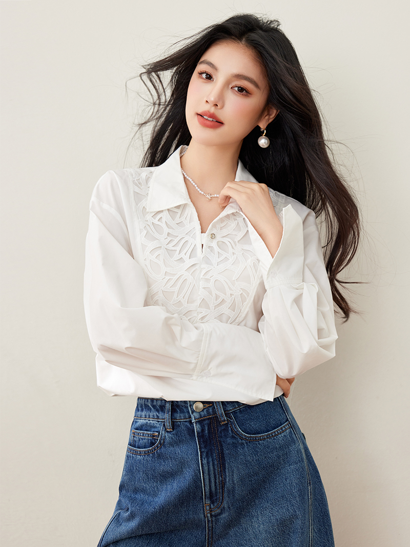 실사 6 가을 새로운 프랑스식 출퇴근 바람 화이트 자수 루즈핏 품격 셔츠