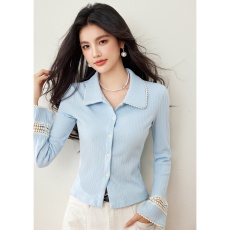 批发实拍2026春款蓝色长袖翻领<b class='q'>针织</b>衫<b class='q'>开衫</b>外套显瘦设计感上衣