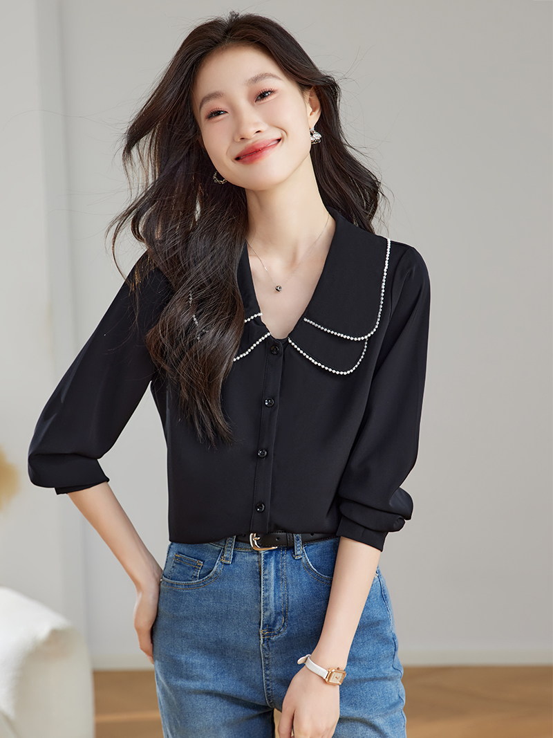 실사 2026 가을 한 부서 진주 이중층 베이비 칼라 숙녀 연령 감소 슬림해 보이는 쉬폰 톱