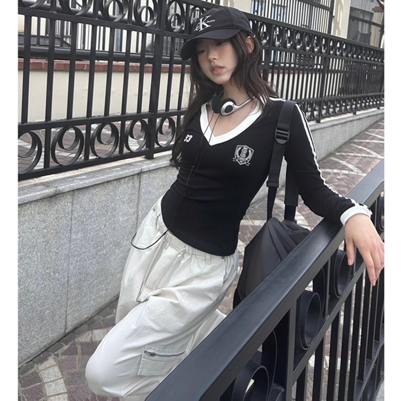 40 면 92 면 8 암모니아 Lun 국가 트렌디 패치워크 색상 V넥 몸매 가꾸기 긴팔 레트로 몸매 가꾸기 티셔츠
