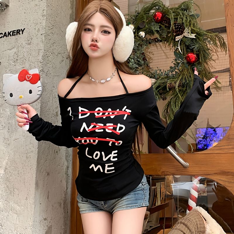 실사 40 면 리브 92 면 8 암모니아 Lun 가을 겨울 핫걸 행침 목 긴팔 프린트 티셔츠 기본 셔츠