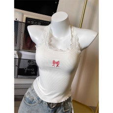 批发满天星 已出货 罗纹 设计感蕾丝边吊带上衣挂脖背心