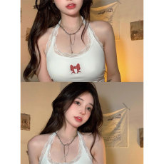 批发满天星 已出货 罗纹 设计感蕾丝边吊带上衣挂脖背心