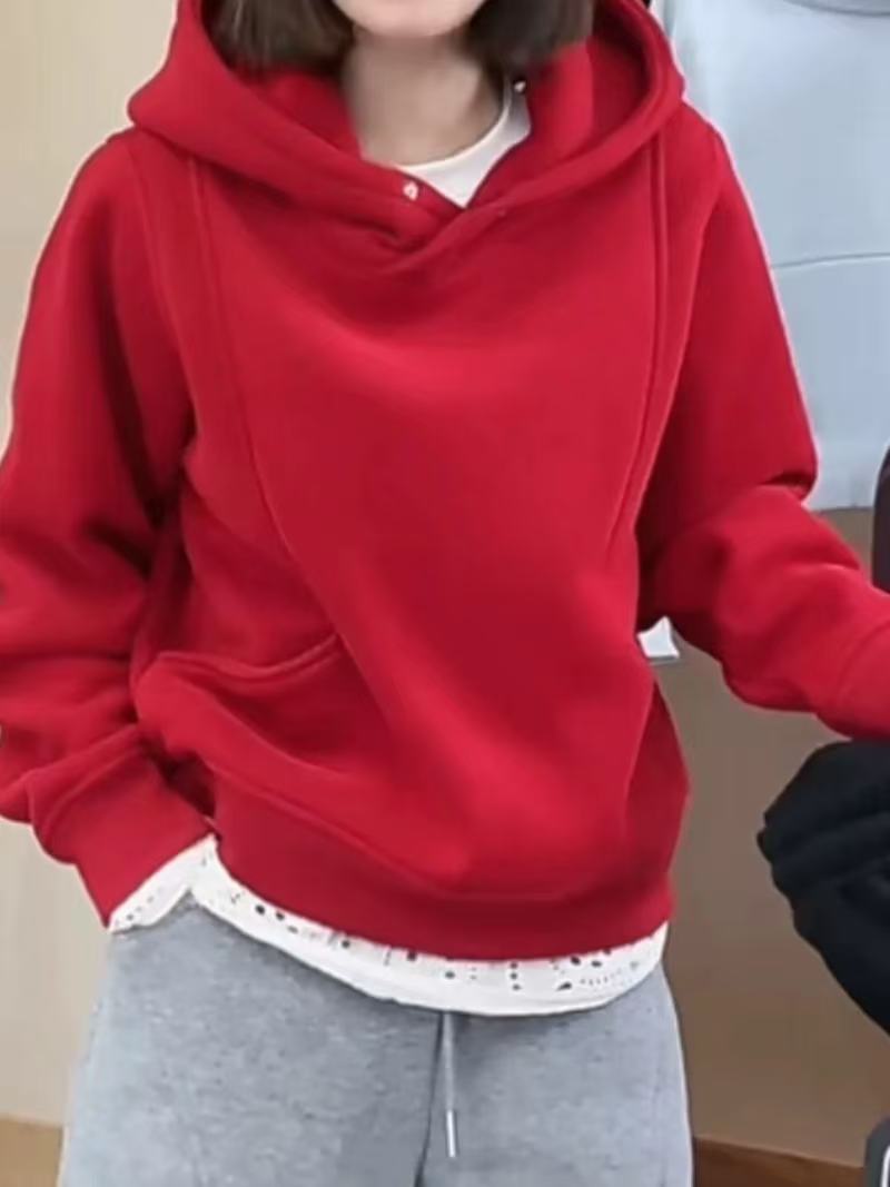 빅 사이즈 털이 있는 후드티 여성 단추 한 알 2026 새로운 가을 긍정적 인 어깨 투명 주머니 패션 쇼트 스타일 후드 맨위