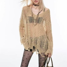 批发慵懒风美式辣妹性感早春镂空针织毛衣罩衫微透氛围感叠穿上衣