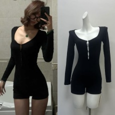 批发XIANGYU2024秋款黑色<b class='q'>欧美</b>辣妹性感深V紧身显瘦长袖连体打底衣裤