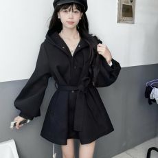 批发2026秋冬新款韩版ins气质保暖<b class='q'>中长款</b>收腰显瘦绑带连帽灯笼袖外套