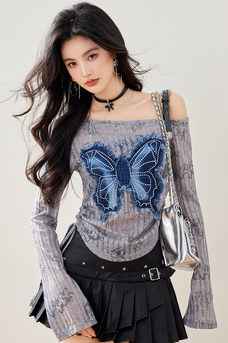 봄 디자인 센스 오프숄더 긴팔 티셔츠 여성 나비 데님 패치 슬림해 보이는 패치워크 섹시함 몸매 가꾸기 펌프 로프 맨위