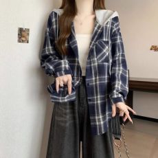批发官图后包领抖音质量连帽磨毛格子衬衫女薄款中长款外套上衣特价
