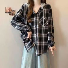 批发官图后包领抖音质量连帽磨毛格子衬衫女薄款中长款外套上衣特价