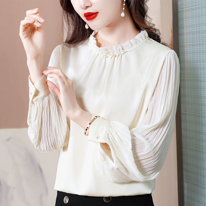 실사 2026 가을 새로운 실크 셔츠 여성 루즈핏 긴팔 스탠드 칼라 비즈 박기 단색 품격 다용도 맨위