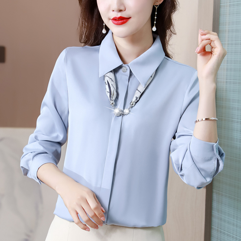 실사 2026 가을 새로운 실크 셔츠 여성 긴 소매 POLO 칼라 품격 패션 루즈핏 맨위 셔츠
