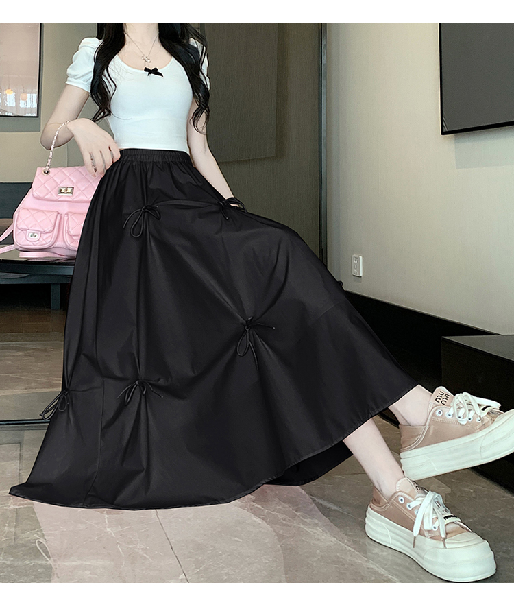 实拍甜美法式黑色蝴蝶结半身裙女早春小个子洋气高腰气质白色伞裙