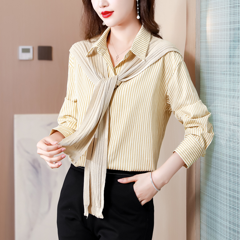 실사 2026 가을 새로운 실크 한국 스타일 루즈핏 스트라이프 셔츠 여성 긴 소매 POLO 칼라 오픈 가디건 셔츠