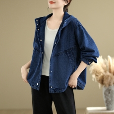 批发实拍大码显瘦减龄宽松连帽牛仔衬衣外套女