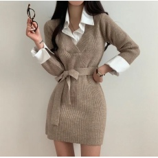 批发已出货  韩国chic秋冬<b class='q'>翻领</b>撞色拼接假两件绑带收腰长袖针织<b class='q'>连衣裙</b>