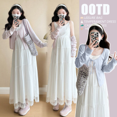 批发实拍 ~现 孕妇装2026春季韩系洋气白色吊带连衣裙子辣妈<b class='q'>套装</b>潮