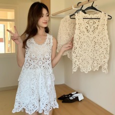 批发镂空钩花V领针织上衣高腰蕾丝短裙春夏季森系<b class='q'>欧美</b>时尚ins套装