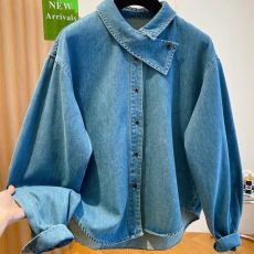 批发品牌专柜撤货女装不规则翻领牛仔<b class='q'>衬衫</b>春秋宽松高级感洋气小衫上衣
