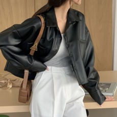 批发chic 韩国<b class='q'>春</b>季时尚简约口袋单排扣短款复古百搭休闲衬衫皮衣外套