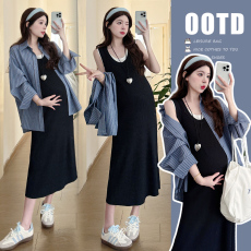 2026早春新款假两件设计感背心裙条纹衬衫两件套