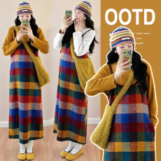 批发实拍孕妇装2025秋季新款格子内搭长袖吊带连衣裙两件套装8467