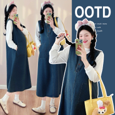 批发实拍2025秋季新款韩版时尚宽松牛仔背心孕妇裙针织衫套装8468