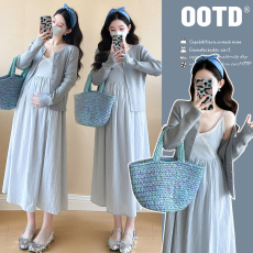 批发实拍2025秋季新款孕妈纯棉花边V领吊带连衣裙＋针织开衫